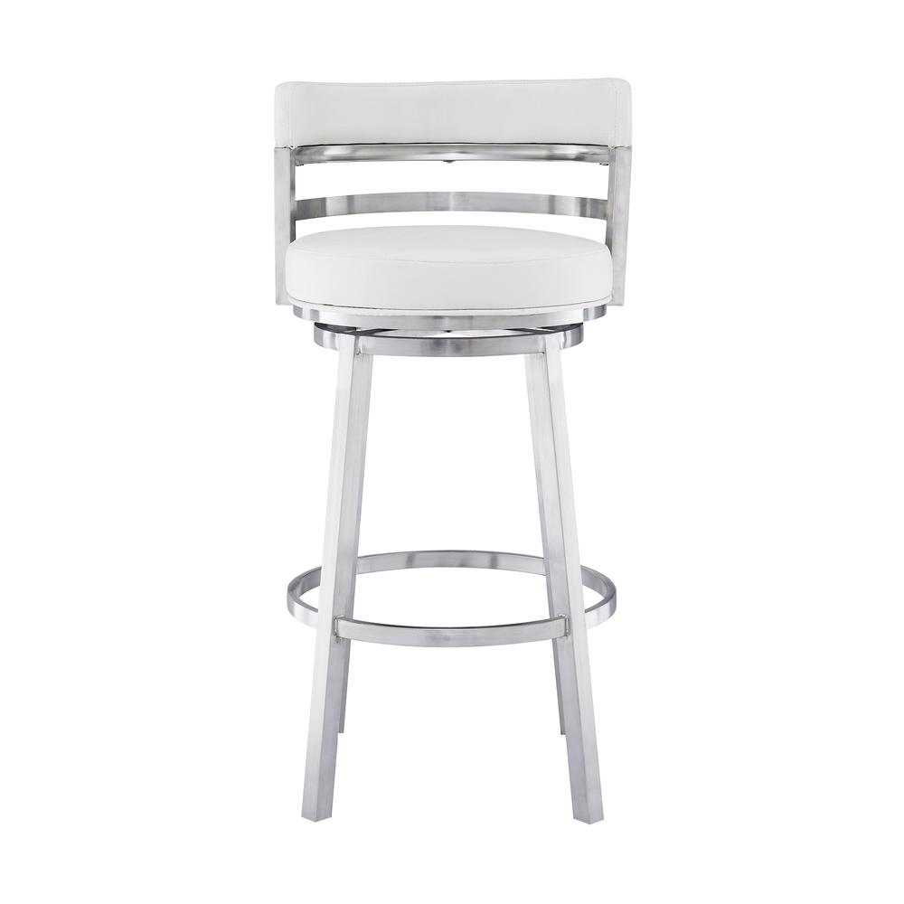 Madrid Contemporary 26" Counter Height Barstool in Brushed Stainless Steel Finish and White Faux Leather. Picture 2