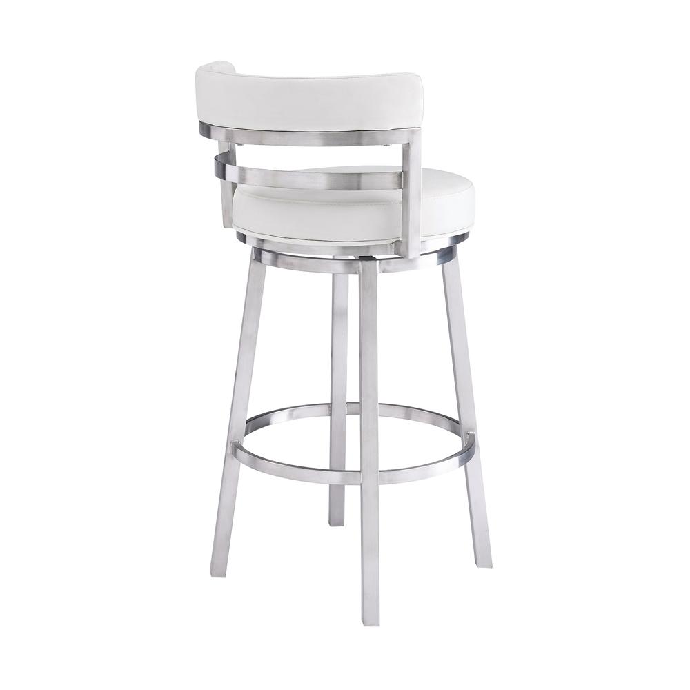 Madrid Contemporary 26" Counter Height Barstool in Brushed Stainless Steel Finish and White Faux Leather. Picture 3
