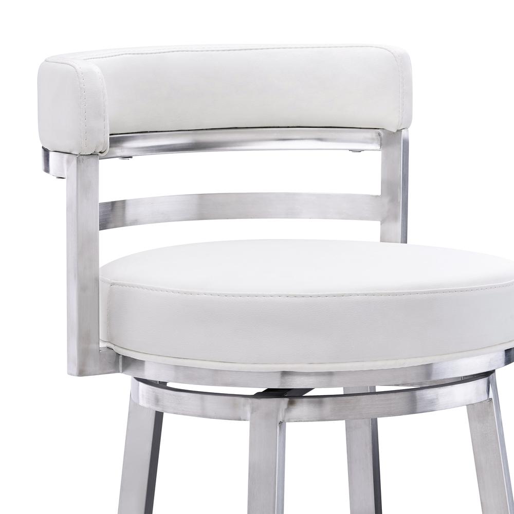 Madrid Contemporary 26" Counter Height Barstool in Brushed Stainless Steel Finish and White Faux Leather. Picture 4