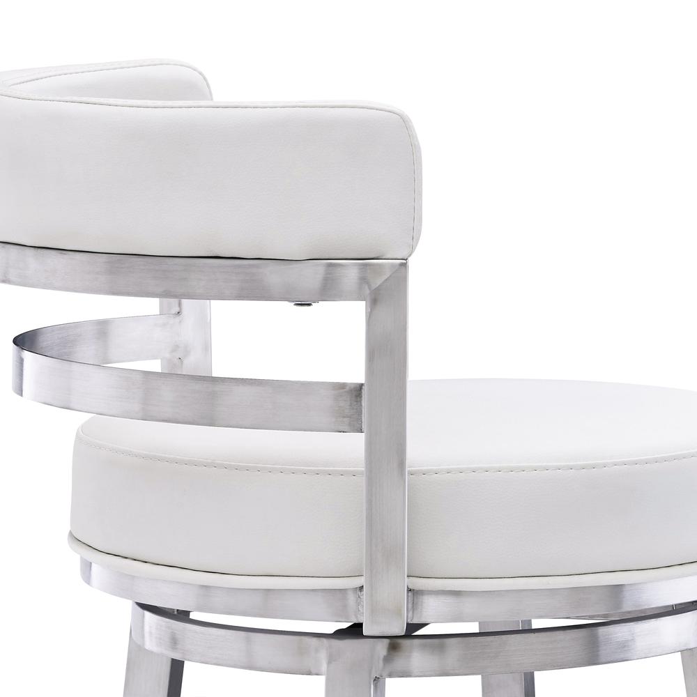Contemporary 26" Counter Height Barstool in Brushed Stainless Steel Finish and White Faux Leather. Picture 5
