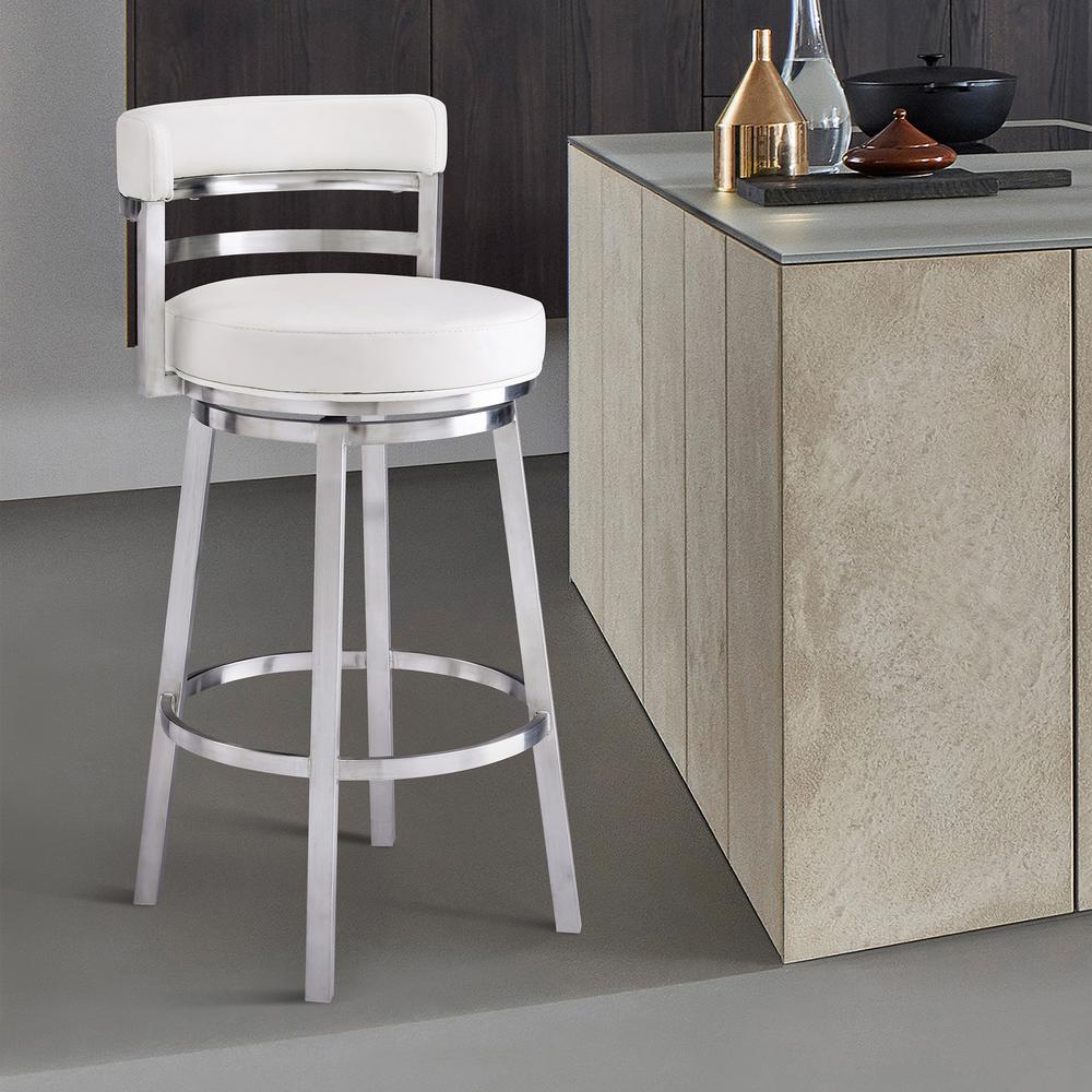 Contemporary 30" Bar Height Barstool in Brushed Stainless Steel Finish - White Faux Leather. Picture 7