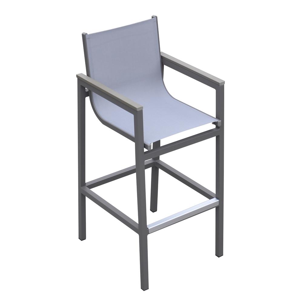 Marina Outdoor Patio Barstool in Grey Powder Coated Finish with Grey Sling Textilene and Grey Wood Accent Arms. Picture 1