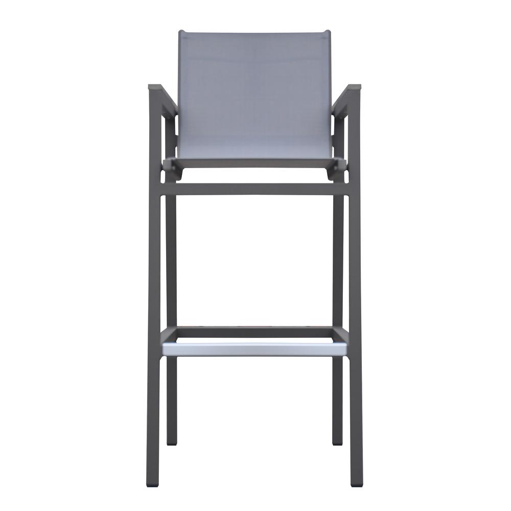 Marina Outdoor Patio Barstool in Grey Powder Coated Finish with Grey Sling Textilene and Grey Wood Accent Arms. Picture 2