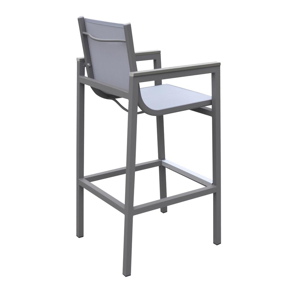 Marina Outdoor Patio Barstool in Grey Powder Coated Finish with Grey Sling Textilene and Grey Wood Accent Arms. Picture 3