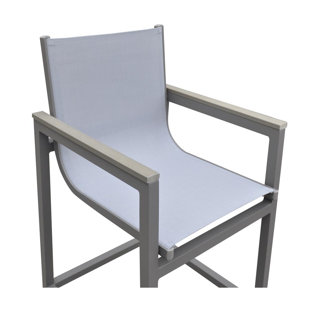 Marina Outdoor Patio Barstool in Grey Powder Coated Finish with Grey Sling Textilene and Grey Wood Accent Arms. Picture 4