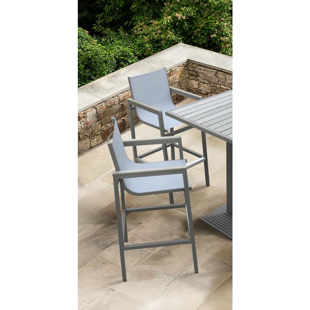 Marina Outdoor Patio Barstool in Grey Powder Coated Finish with Grey Sling Textilene and Grey Wood Accent Arms. Picture 6