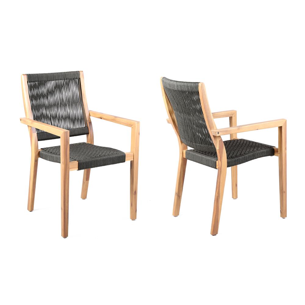 Madsen Outdoor Patio Charcoal Rope Arm Chair in Teak Finish - Set of 2. Picture 1