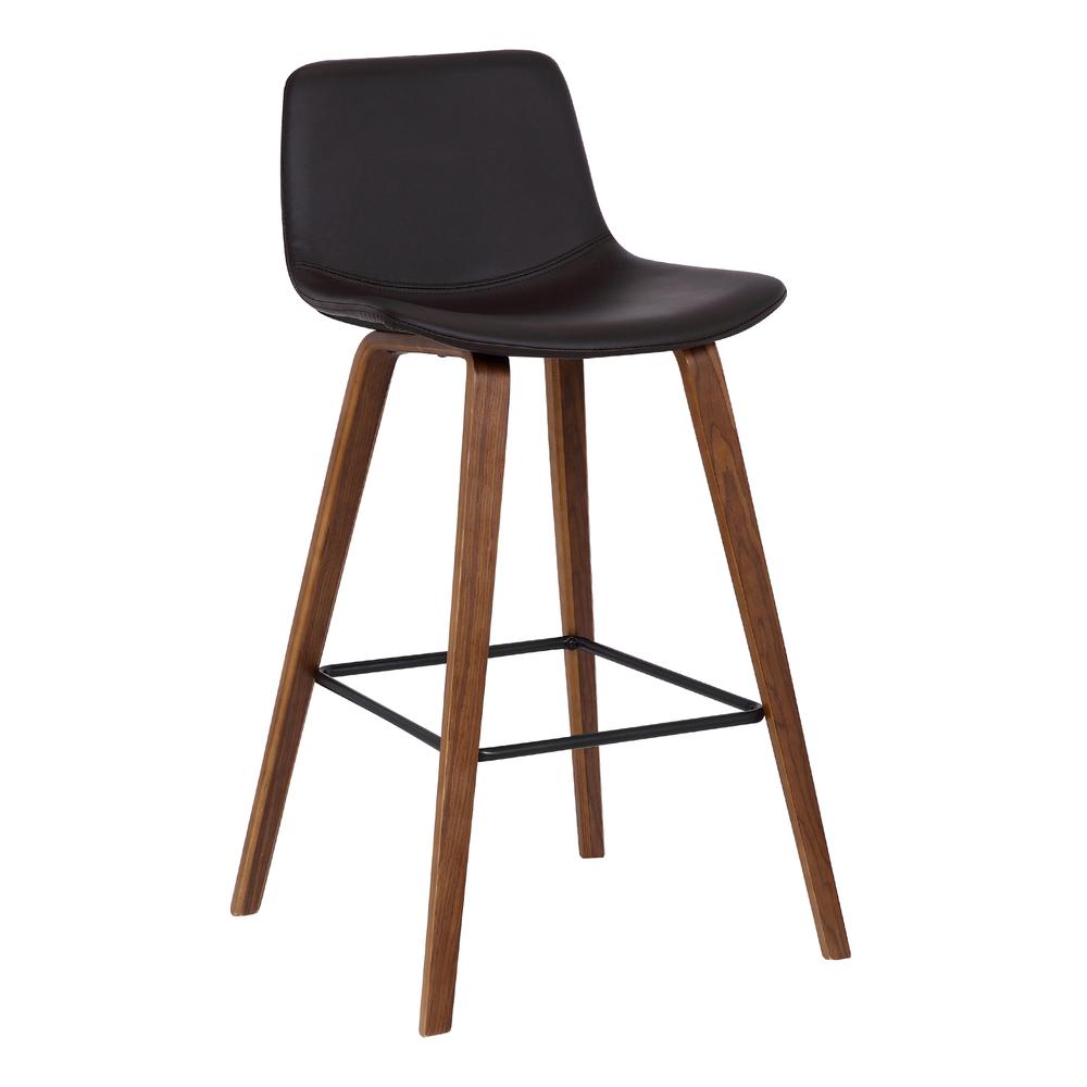 Contemporary Barstool in Walnut Wood Finish and Brown Faux Leather. Picture 1