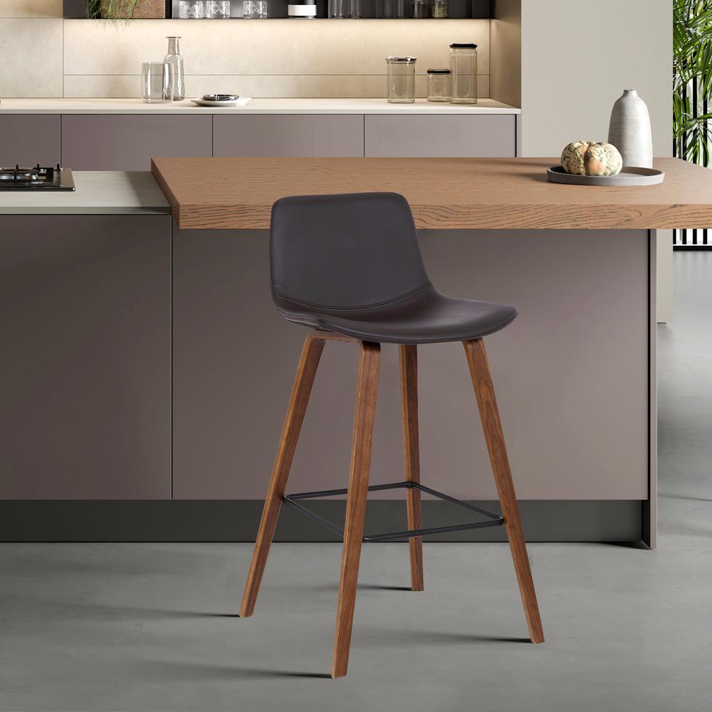 Maddie Contemporary Barstool in Walnut Wood Finish and Brown Faux Leather. Picture 1