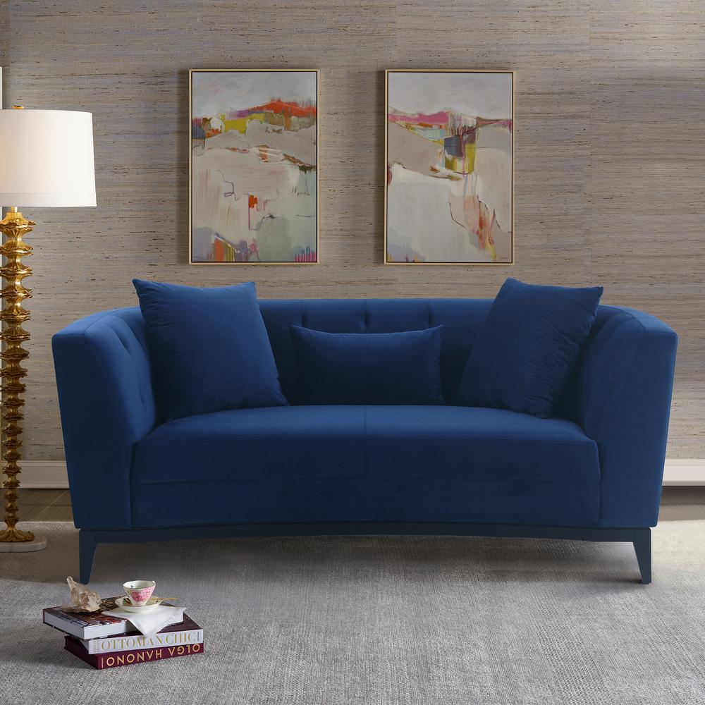 Melange Blue Fabric Upholstered Loveseat with Black Wood Base. Picture 2