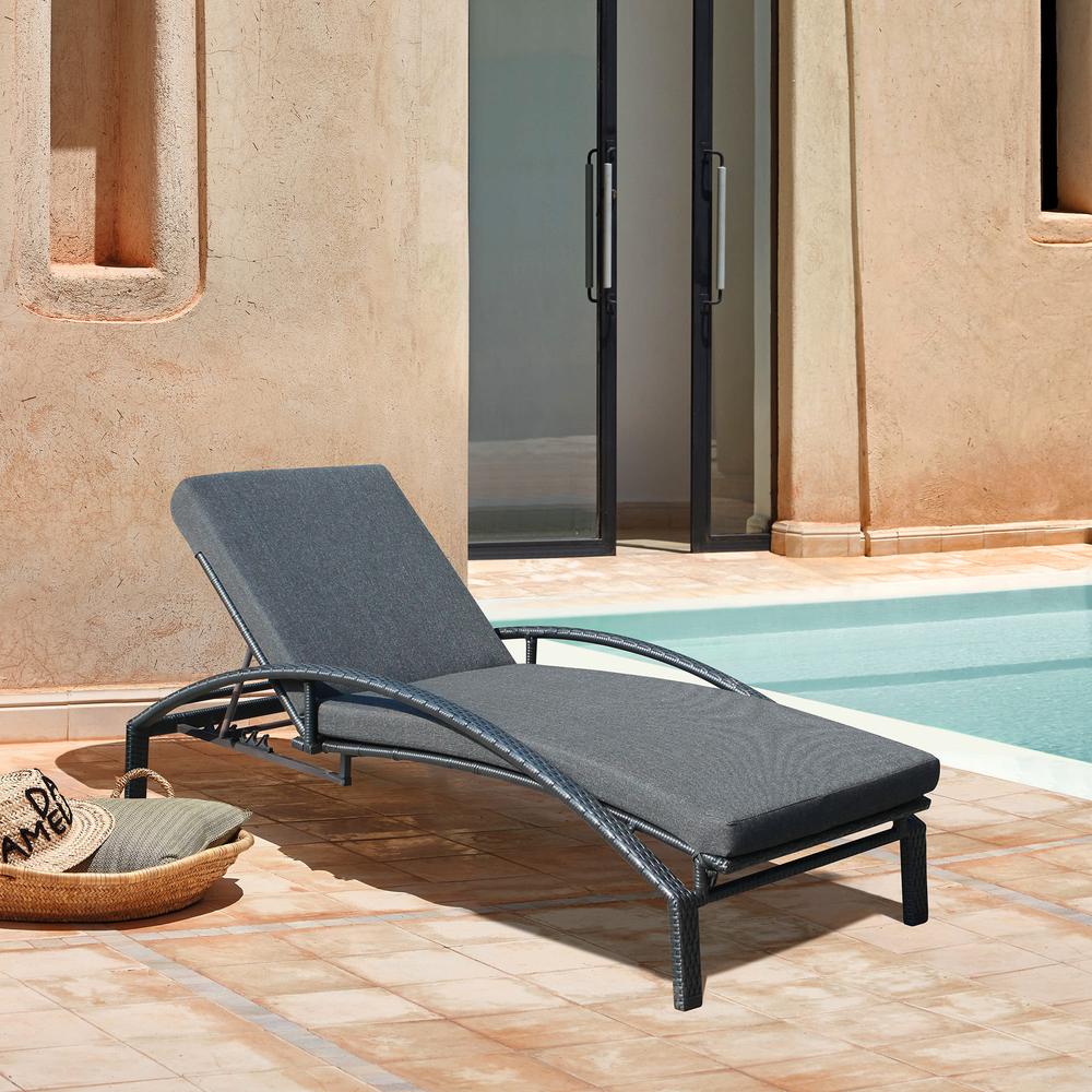 Mahana Adjustable Patio Outdoor Chaise Lounge Chair in Black Wicker with Charcoal Cushions. Picture 8