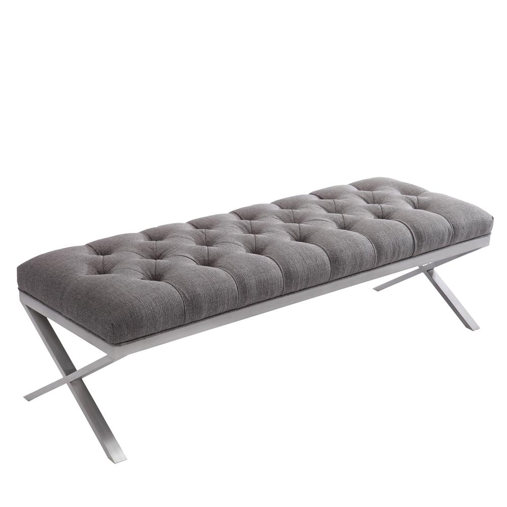 Armen Living Milo Bench in Brushed Stainless Steel finish with Grey Fabric. Picture 1
