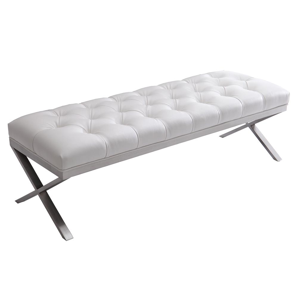 Armen Living Milo Bench in Brushed Stainless Steel finish with White PU. Picture 1