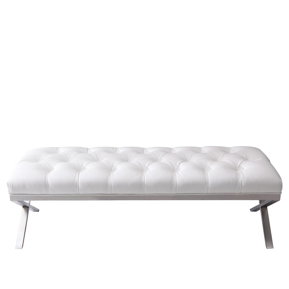Armen Living Milo Bench in Brushed Stainless Steel finish with White PU. Picture 2