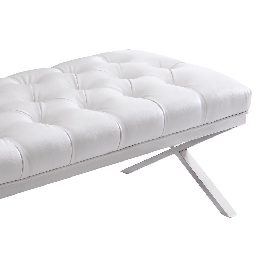 Armen Living Milo Bench in Brushed Stainless Steel finish with White PU. Picture 4