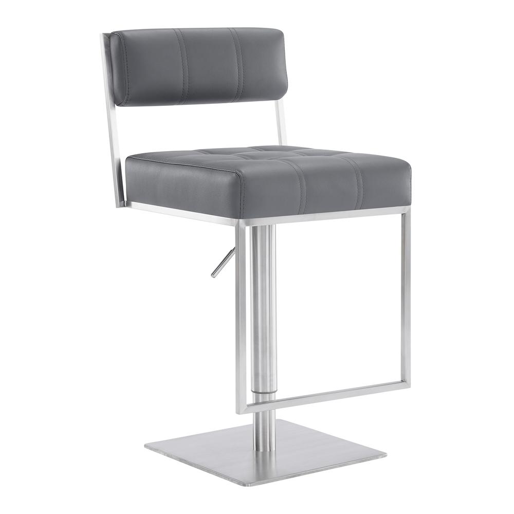 Michele Contemporary Swivel Barstool in Brushed Stainless Steel and Grey Faux Leather. The main picture.
