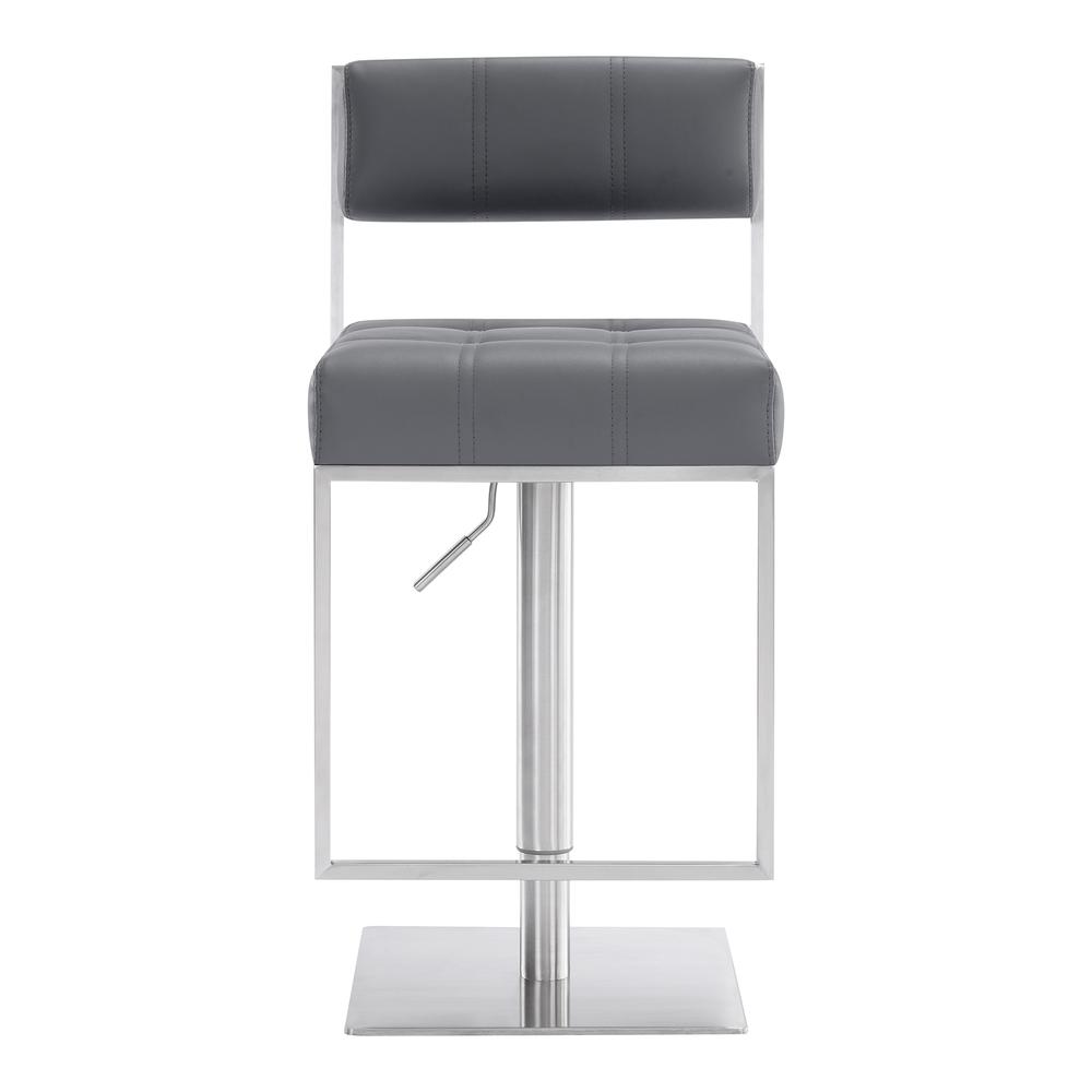 Michele Contemporary Swivel Barstool in Brushed Stainless Steel and Grey Faux Leather. Picture 2