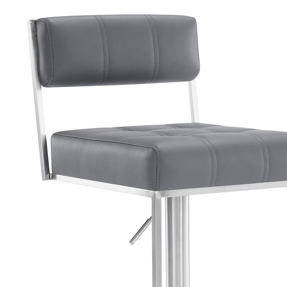 Michele Contemporary Swivel Barstool in Brushed Stainless Steel and Grey Faux Leather. Picture 5