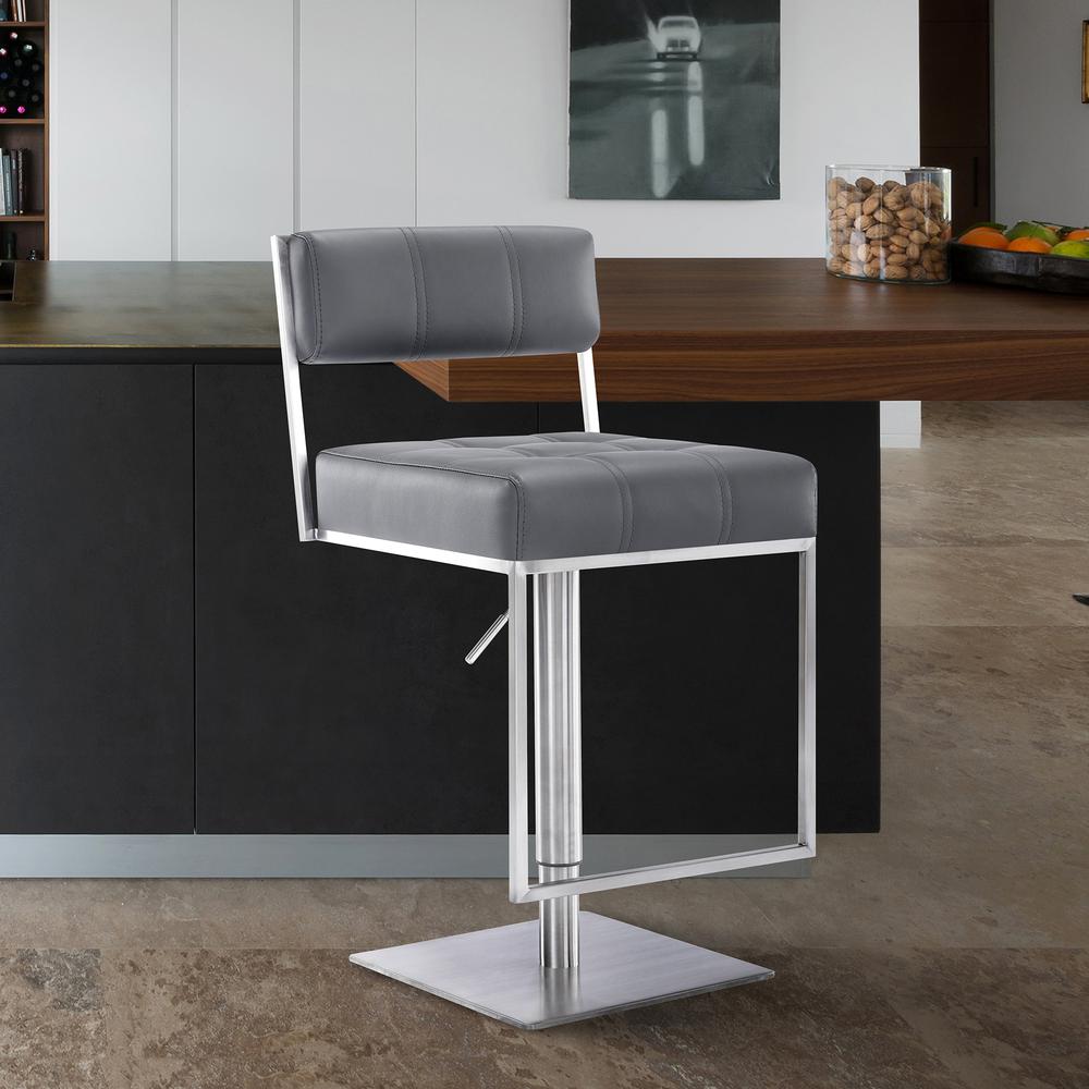 Contemporary Swivel Barstool - Brushed Stainless Steel and Grey Faux Leather. Picture 8