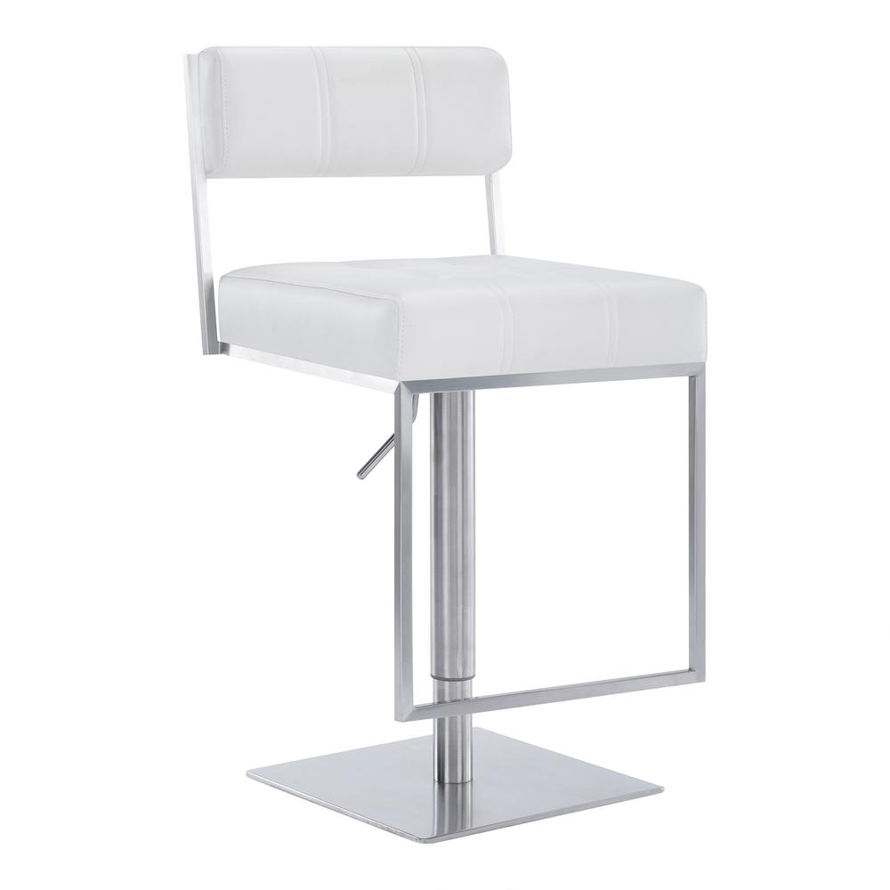 Michele Contemporary Swivel Barstool in Brushed Stainless Steel and White Faux Leather. Picture 1