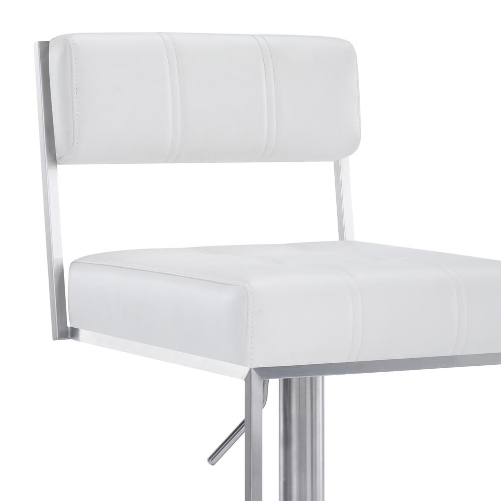 Michele Contemporary Swivel Barstool in Brushed Stainless Steel and White Faux Leather. Picture 5