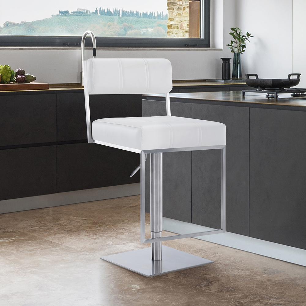 Contemporary Swivel Barstool in Brushed Stainless Steel - White Faux Leather. Picture 8
