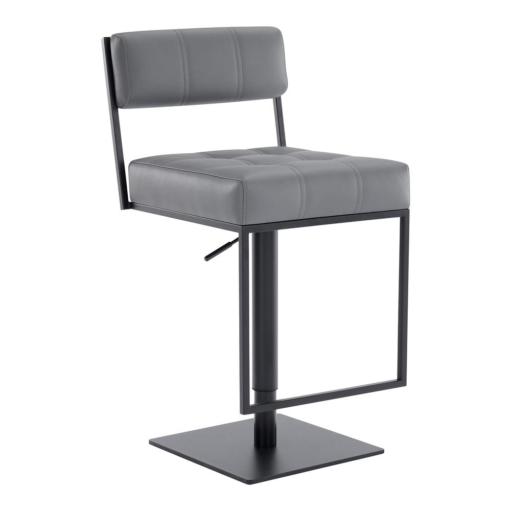 Michele Contemporary Swivel Barstool in Matte Black Finish and Grey Faux Leather. Picture 1