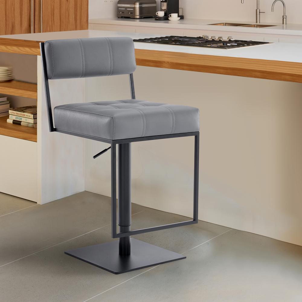 Contemporary Swivel Barstool - Matte Black Finish, Grey Faux Leather. Picture 7