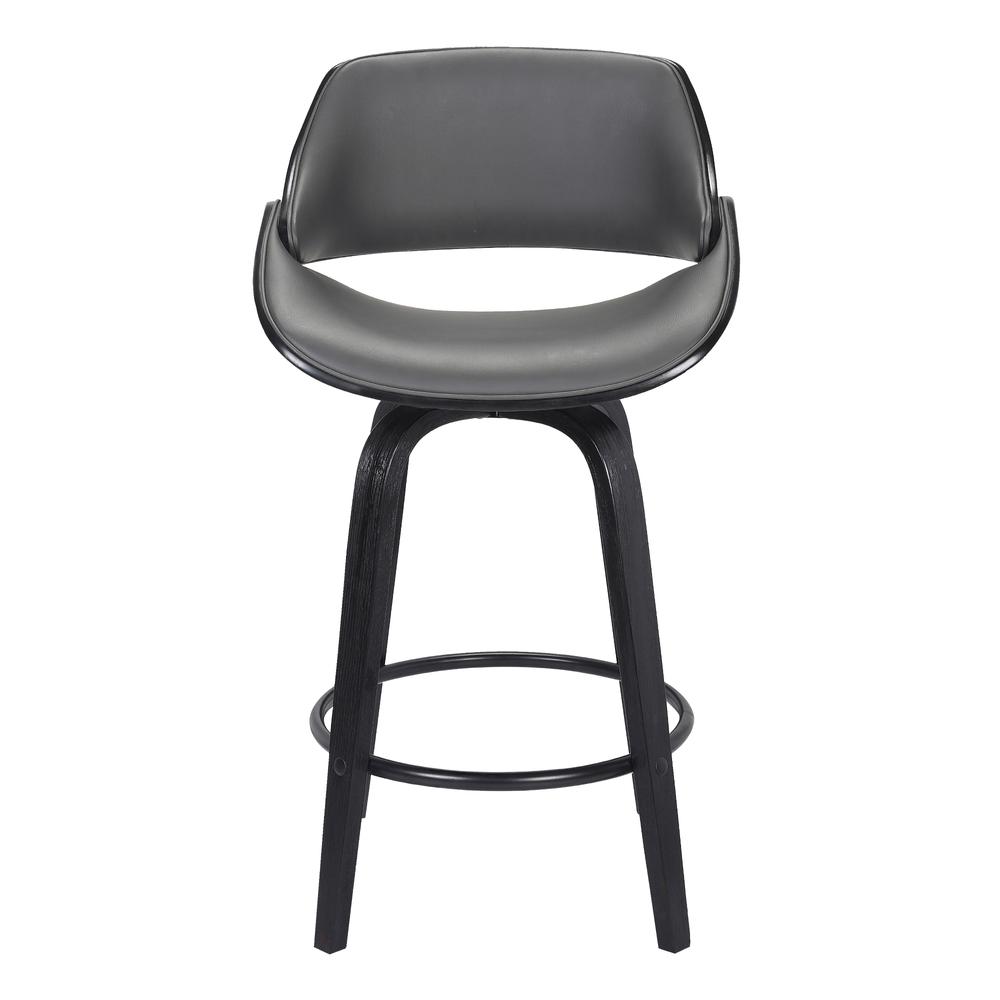 Contemporary 26" Counter Height Swivel Barstool in Black Brush Wood Finish and Grey Faux Leather. Picture 2