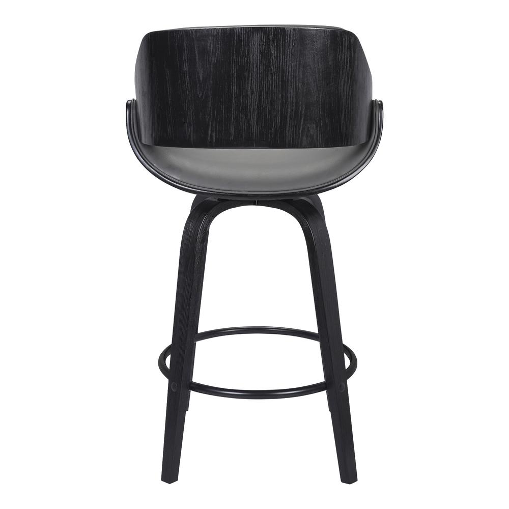 Contemporary 26" Counter Height Swivel Barstool in Black Brush Wood Finish and Grey Faux Leather. Picture 4