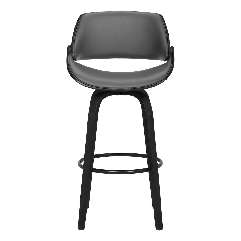 Mona Contemporary 30" Bar Height Swivel Barstool in Black Brush Wood Finish and Grey Faux Leather. Picture 2