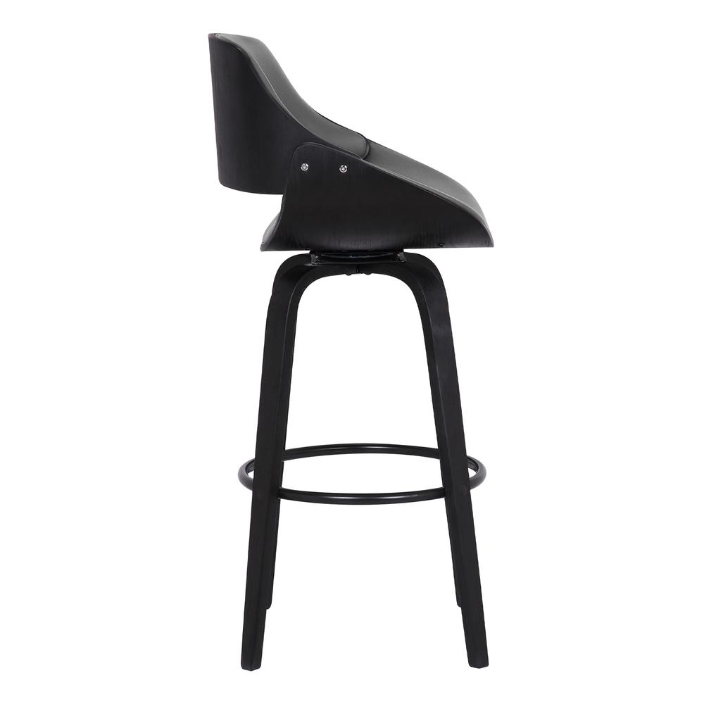 Mona Contemporary 30" Bar Height Swivel Barstool in Black Brush Wood Finish and Grey Faux Leather. Picture 3