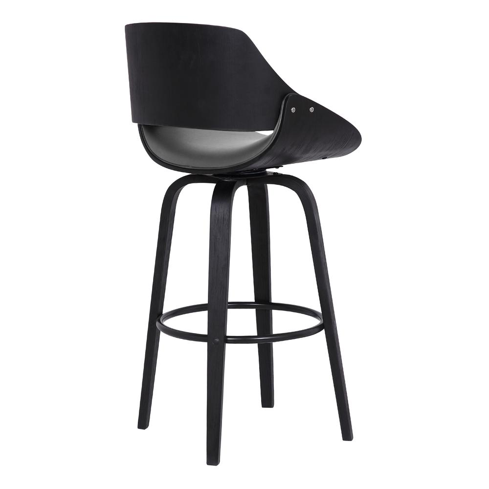 Mona Contemporary 30" Bar Height Swivel Barstool in Black Brush Wood Finish and Grey Faux Leather. Picture 4