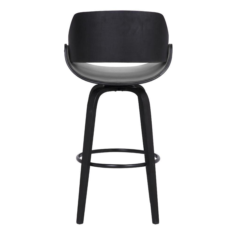 Contemporary 30" Bar Height Swivel Barstool in Black Brush Wood Finish - Grey Faux Leather. Picture 5