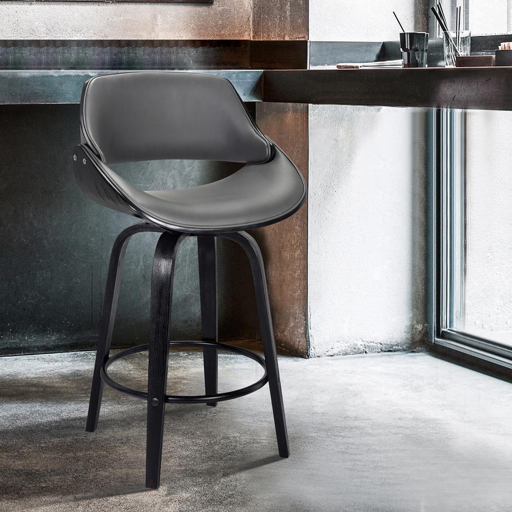 Contemporary 30" Bar Height Swivel Barstool in Black Brush Wood Finish - Grey Faux Leather. Picture 6