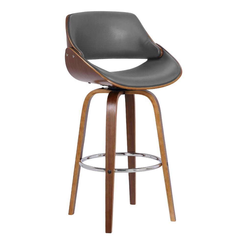 Contemporary 26" Counter Height Swivel Barstool in Walnut Wood Finish and Grey Faux Leather. Picture 1