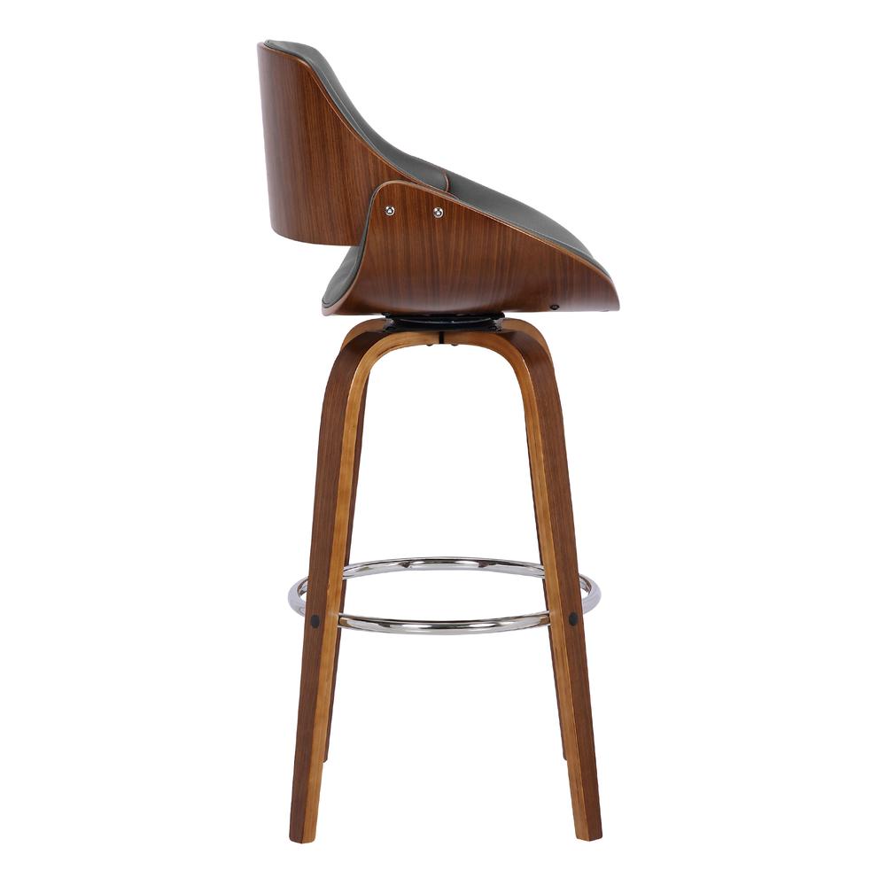 Contemporary 26" Counter Height Swivel Barstool in Walnut Wood Finish and Grey Faux Leather. Picture 3