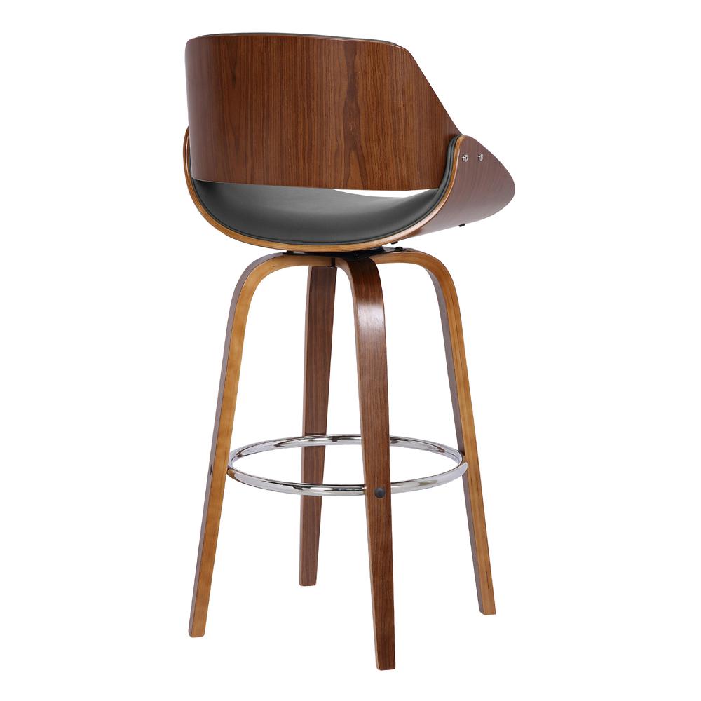 Contemporary 26" Counter Height Swivel Barstool in Walnut Wood Finish and Grey Faux Leather. Picture 4