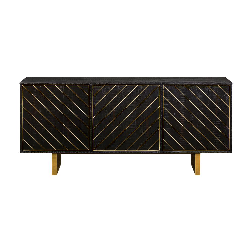 Monaco Rectangular Black Wood Sideboard with Antique Brass Accent, Black Red-Shiny Wooden. Picture 1