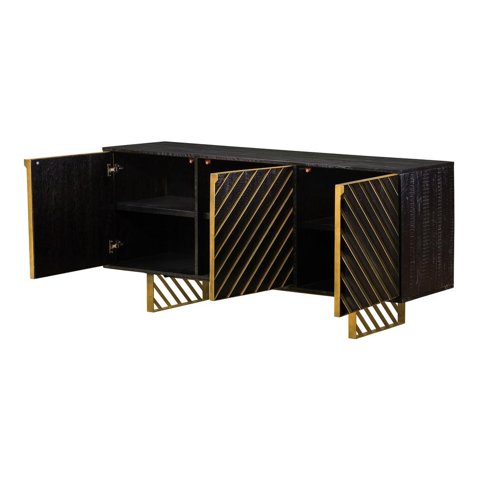 Monaco Rectangular Black Wood Sideboard with Antique Brass Accent, Black Red-Shiny Wooden. Picture 2