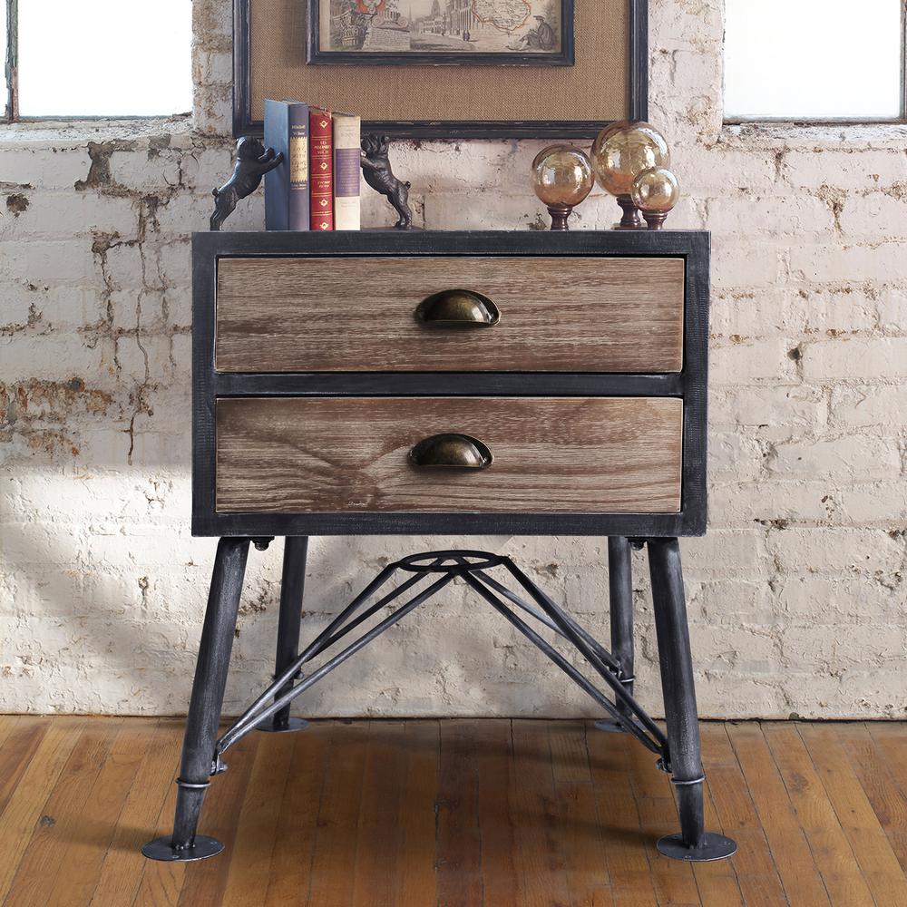 Industrial 2-Drawer End Table in Industrial Grey and Pine Wood. Picture 6