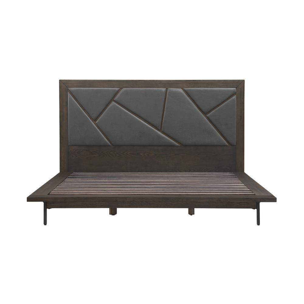 Marquis King Size Platform Bed Frame in Oak Wood with Faux Leather Headboard and Black Metal Legs. Picture 1