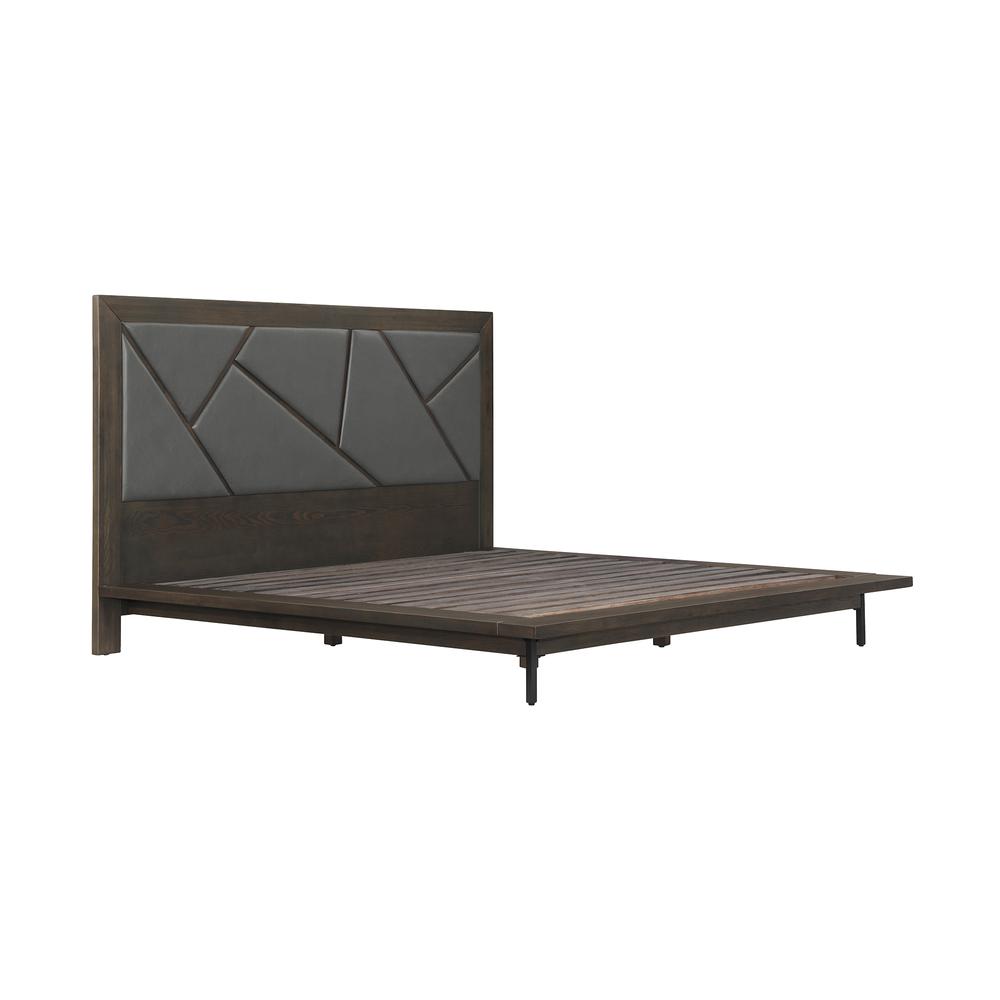 Marquis King Size Platform Bed Frame in Oak Wood with Faux Leather Headboard and Black Metal Legs. Picture 2