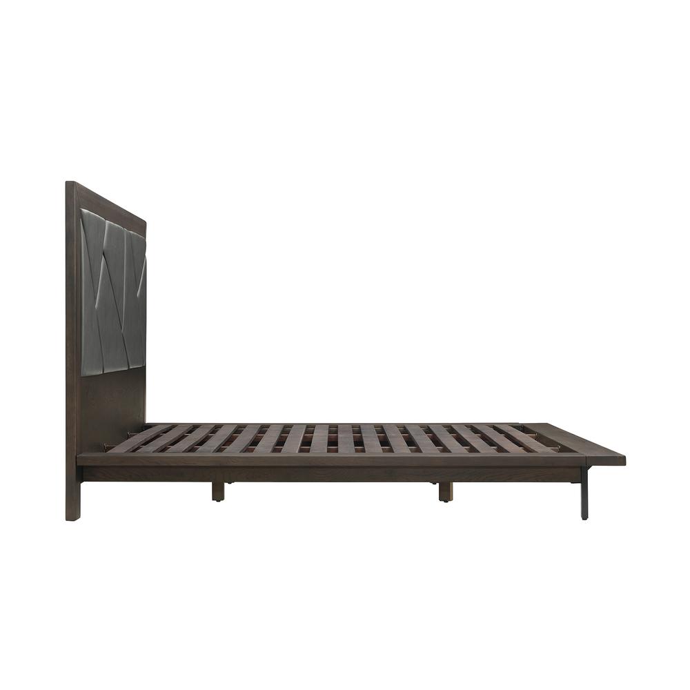 Marquis King Size Platform Bed Frame in Oak Wood with Faux Leather Headboard and Black Metal Legs. Picture 3