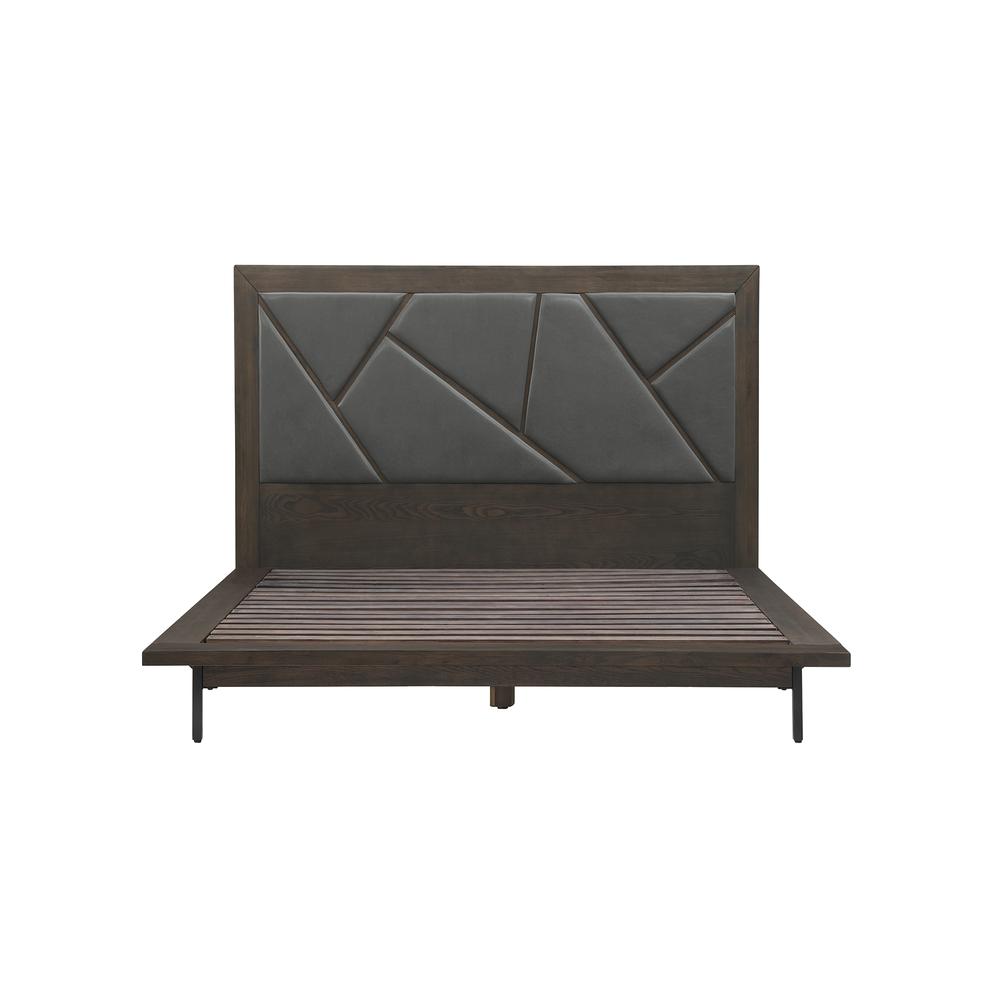 Marquis Queen Size Platform Bed Frame in Oak Wood with Faux Leather Headboard and Black Metal Legs. Picture 1