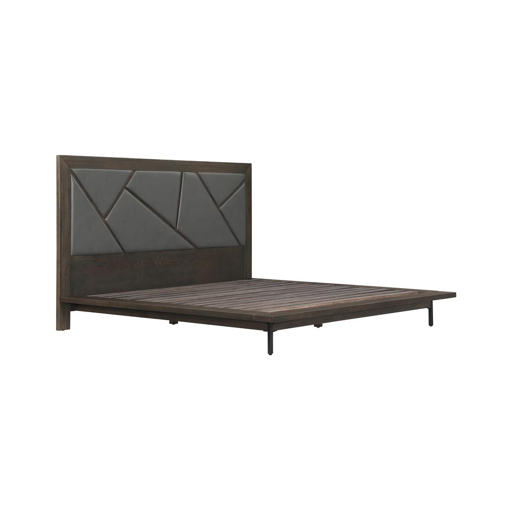 Marquis Queen Size Platform Bed Frame in Oak Wood with Faux Leather Headboard and Black Metal Legs. Picture 2
