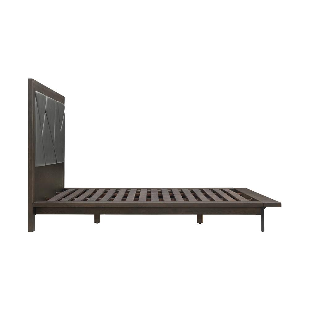 Marquis Queen Size Platform Bed Frame in Oak Wood with Faux Leather Headboard and Black Metal Legs. Picture 3