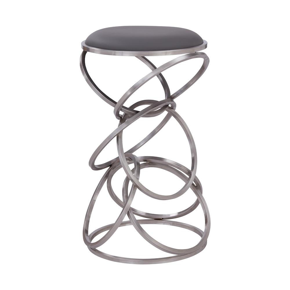 Contemporary 26" Counter Height Barstool in Brushed Stainless Steel Finish - Grey Faux Leather. Picture 1