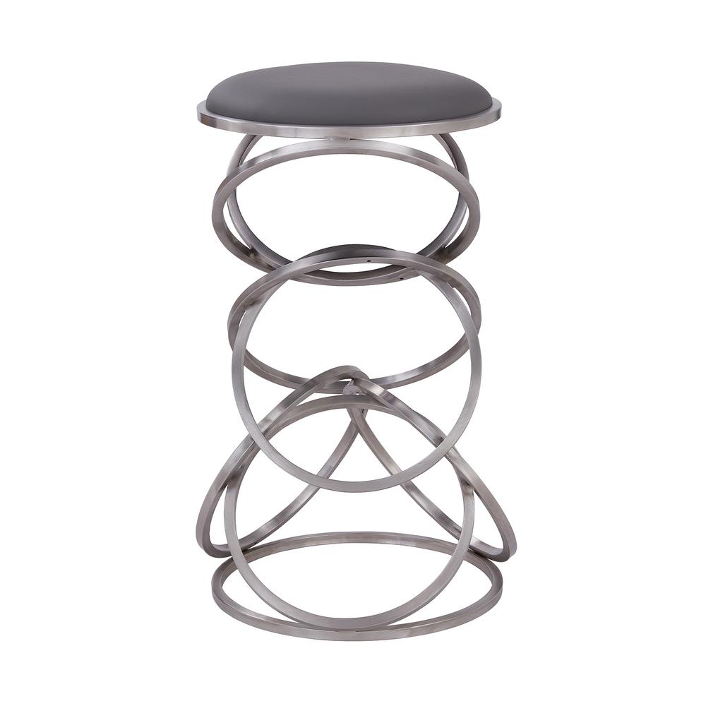 Contemporary 26" Counter Height Barstool in Brushed Stainless Steel Finish - Grey Faux Leather. Picture 2