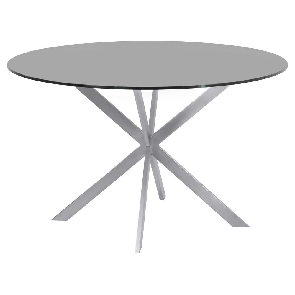 Armen Living Mystere Round Dining Table in Brushed Stainless Steel with Gray Tempered Glass Top. Picture 1